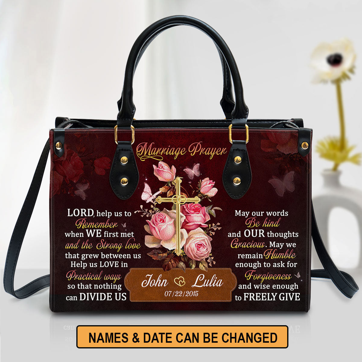Roses And Cross Marriage Prayer Personalized Leather Handbag With Handle Christian Valentine Gifts For Women