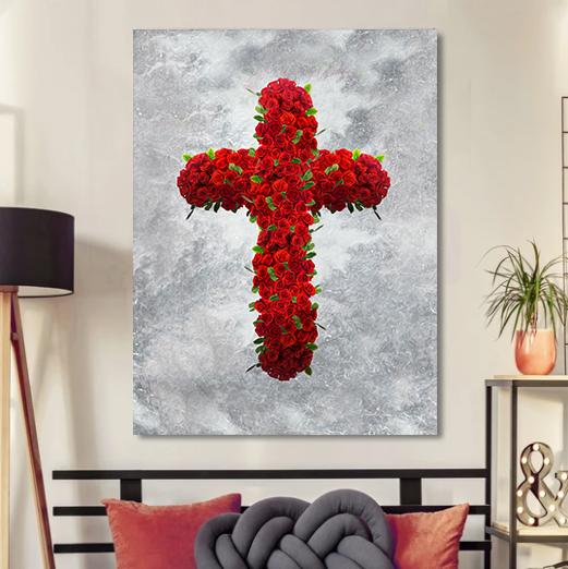 Roses Cross Canvas - Religious Canvas Art - Christian Canvas Wall Art - Ciaocustom