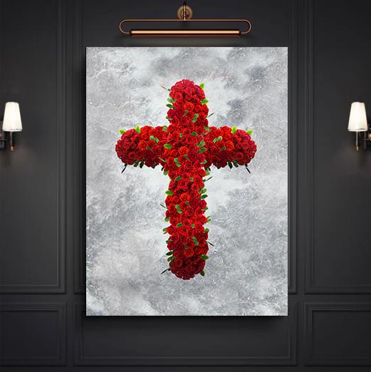 Roses Cross Canvas - Religious Canvas Art - Christian Canvas Wall Art - Ciaocustom