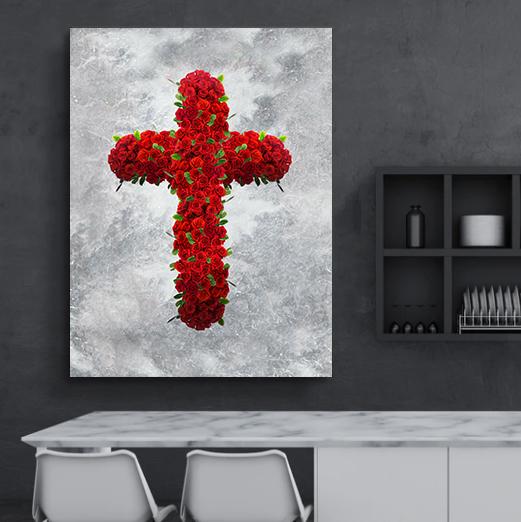 Roses Cross Canvas - Religious Canvas Art - Christian Canvas Wall Art - Ciaocustom
