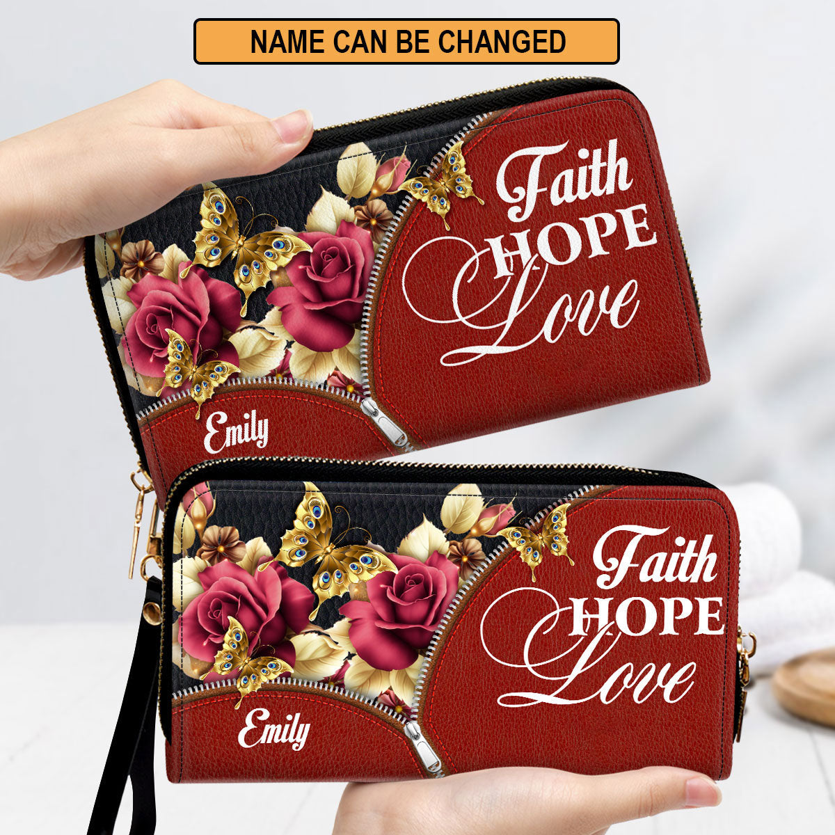 Roses Love Hope Faith Clutch Purse For Women - Personalized Name - Christian Gifts For Women
