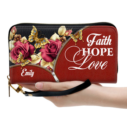 Roses Love Hope Faith Clutch Purse For Women - Personalized Name - Christian Gifts For Women