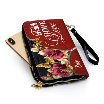 Roses Love Hope Faith Clutch Purse For Women - Personalized Name - Christian Gifts For Women