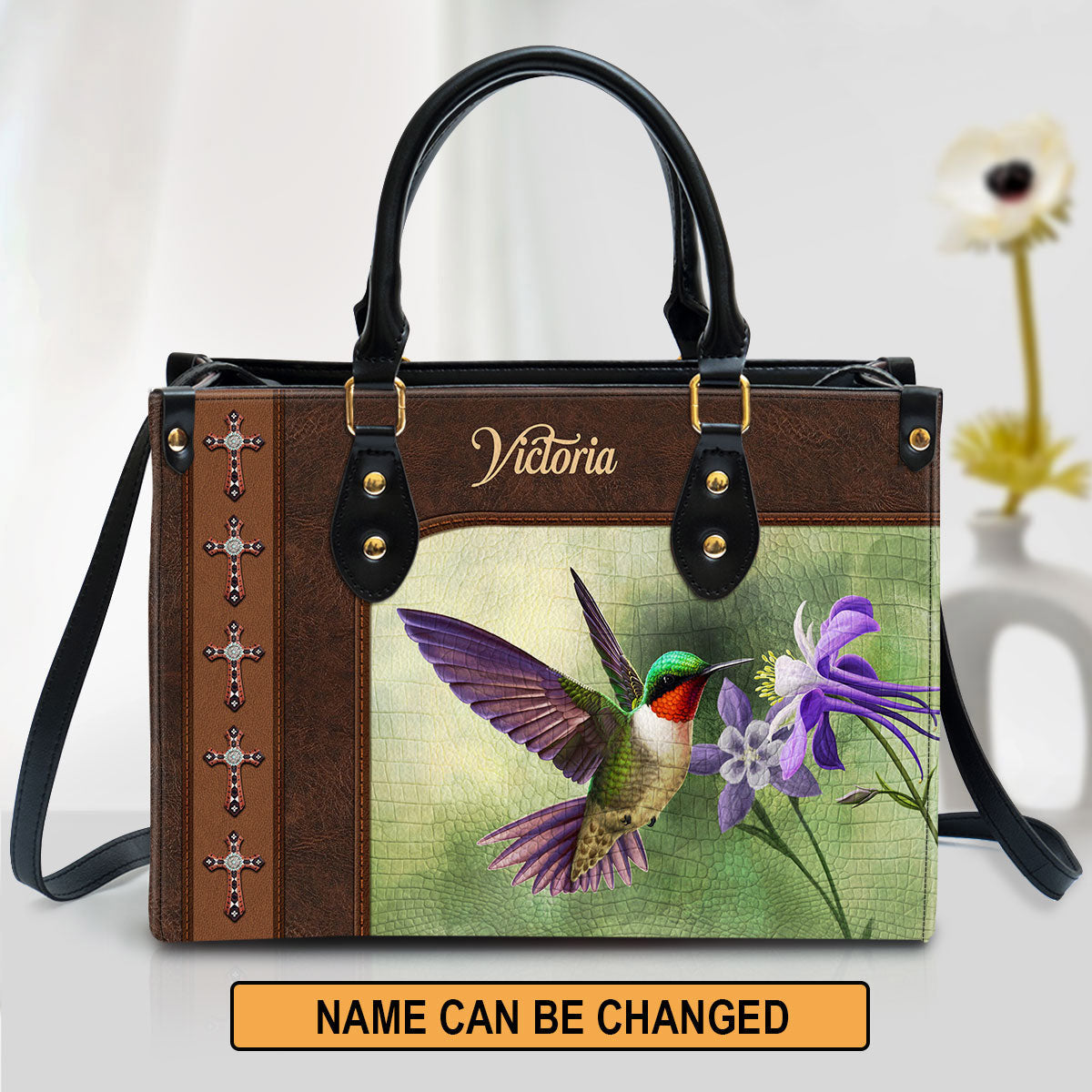Ruby-throated Hummingbird Leather Bag - Personalized Leather Bag With Handle for Christian Women
