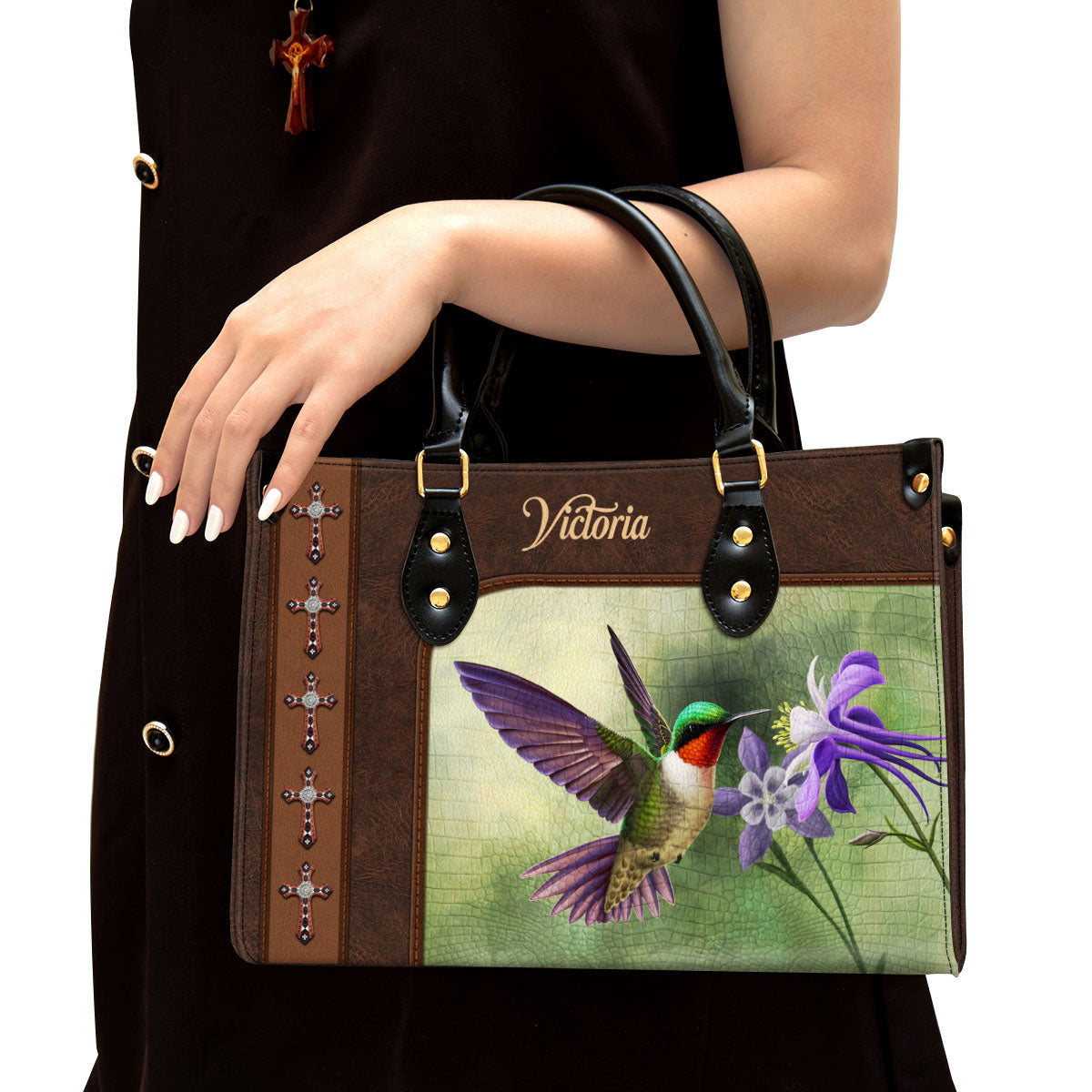 Ruby-throated Hummingbird Leather Bag - Personalized Leather Bag With Handle for Christian Women