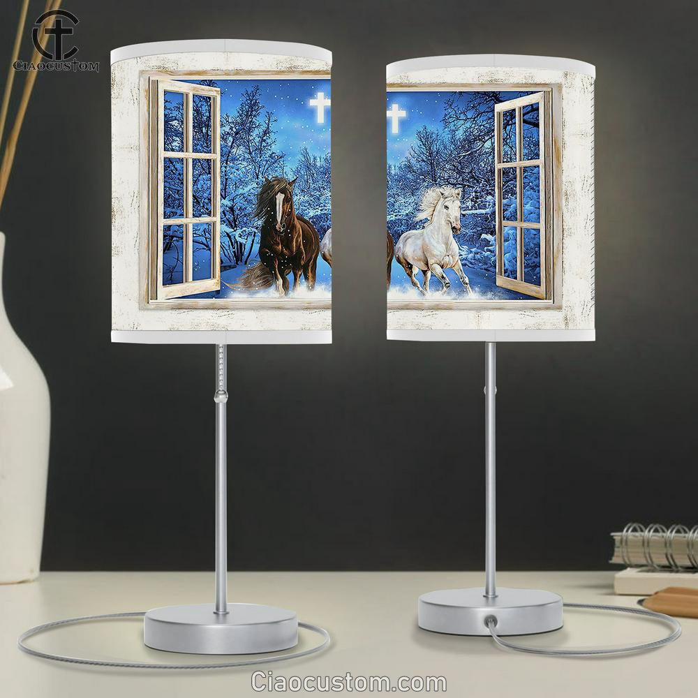 Running Horses Blue Night Crystal Cross Lamp Art Table Lamp - Christian Room Decor - Gifts For Horse Lovers