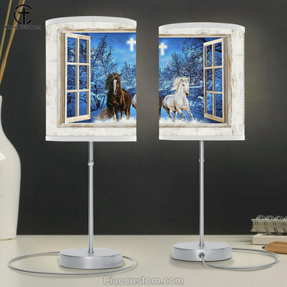Running Horses Blue Night Crystal Cross Lamp Art Table Lamp - Christian Room Decor - Gifts For Horse Lovers