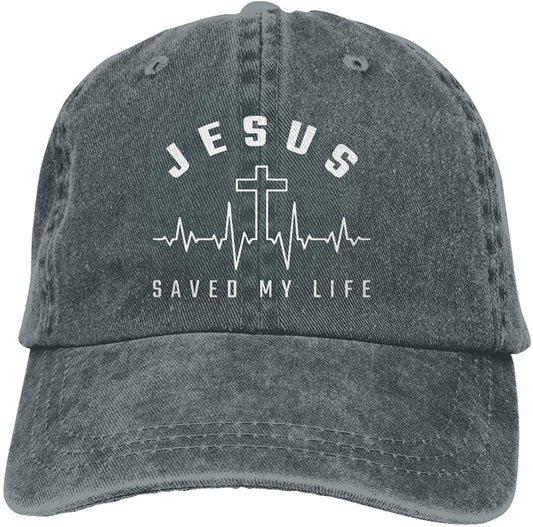 Christian Denim Baseball Cap With Jesus Saved My Life Embroidery for Men and Women - Washed Cotton