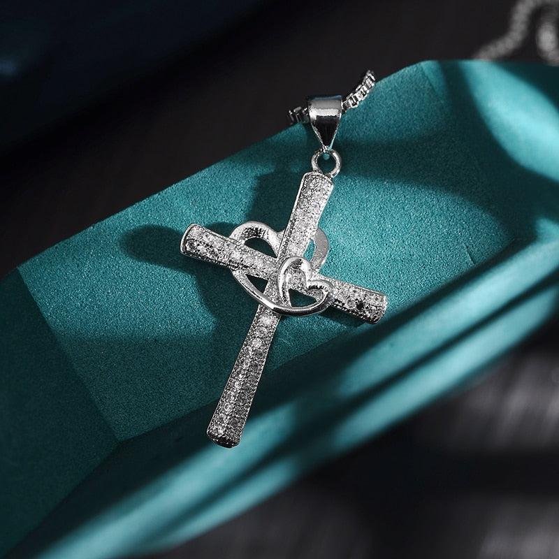Shiny Silver Plated Cubic Zirconia Cross Necklaces for Christian Women 6