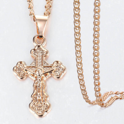Gold Cross Pendant Necklace With Clear Crystal For Men and Women