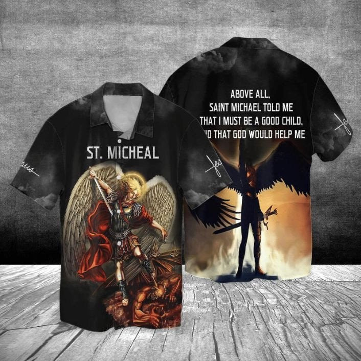 Saint Micheal Archangel Micae Jesus Above Hawaiian Shirt - Christian Hawaiian Shirts For Men & Women