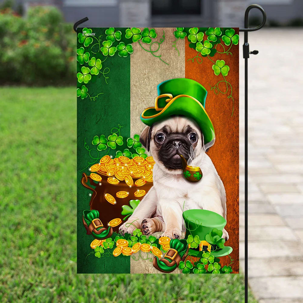 Saint Patrick's Day Pug Irish House Flag - St Patrick's Day Garden Flag - Outdoor St Patrick's Day Decor