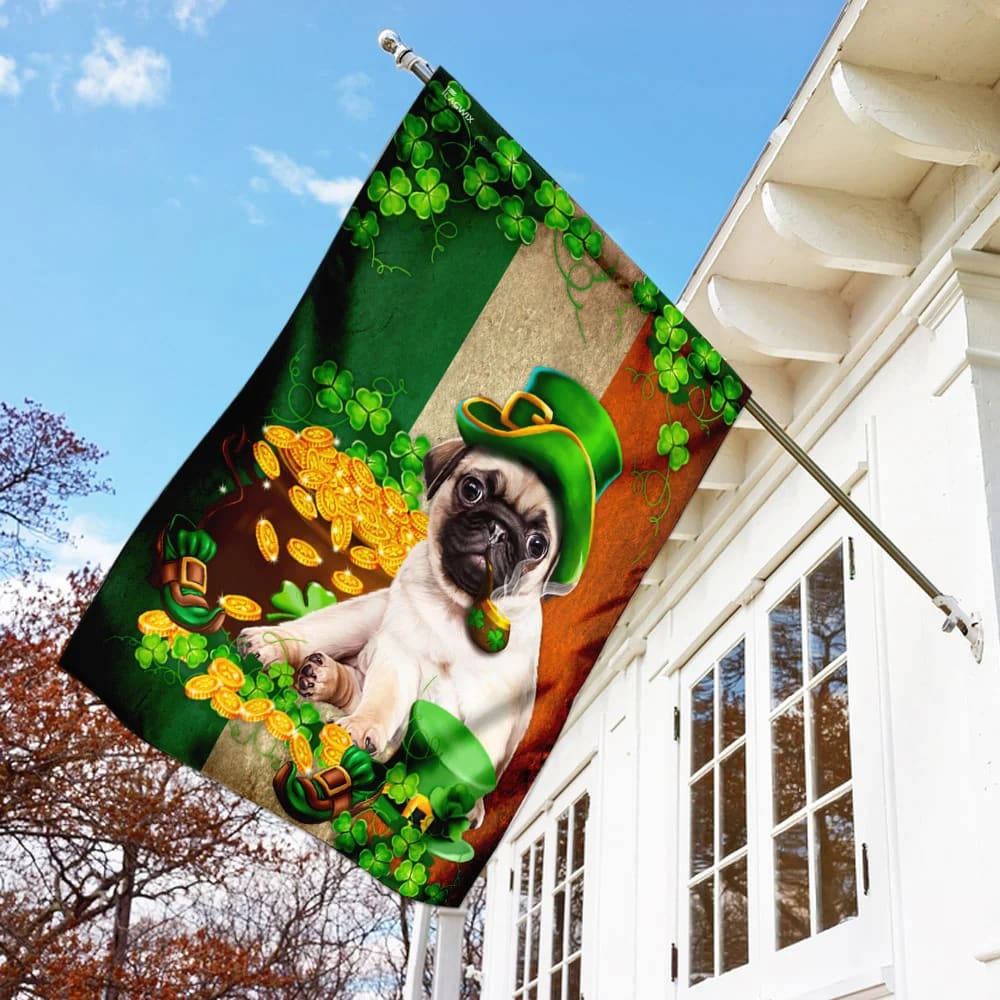 Saint Patrick's Day Pug Irish House Flag - St Patrick's Day Garden Flag - Outdoor St Patrick's Day Decor