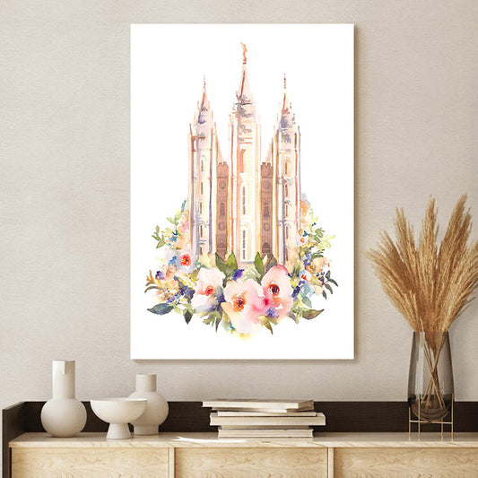 Salt Lake City Temple Floral Watercolor Canvas Wall Art - Christian Wall Decor