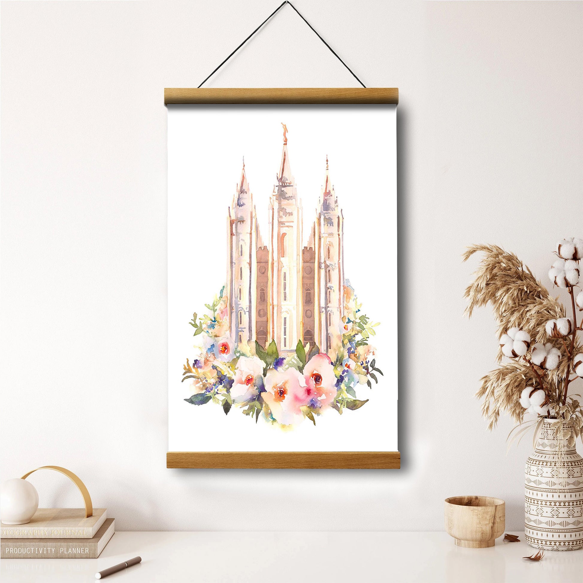 Salt Lake City Temple Floral Watercolor Hanging Canvas Wall Art - Christian Wall Decor - Religious Canvas