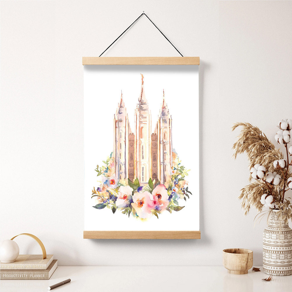 Salt Lake City Temple Floral Watercolor Hanging Canvas Wall Art - Christian Wall Decor - Religious Canvas