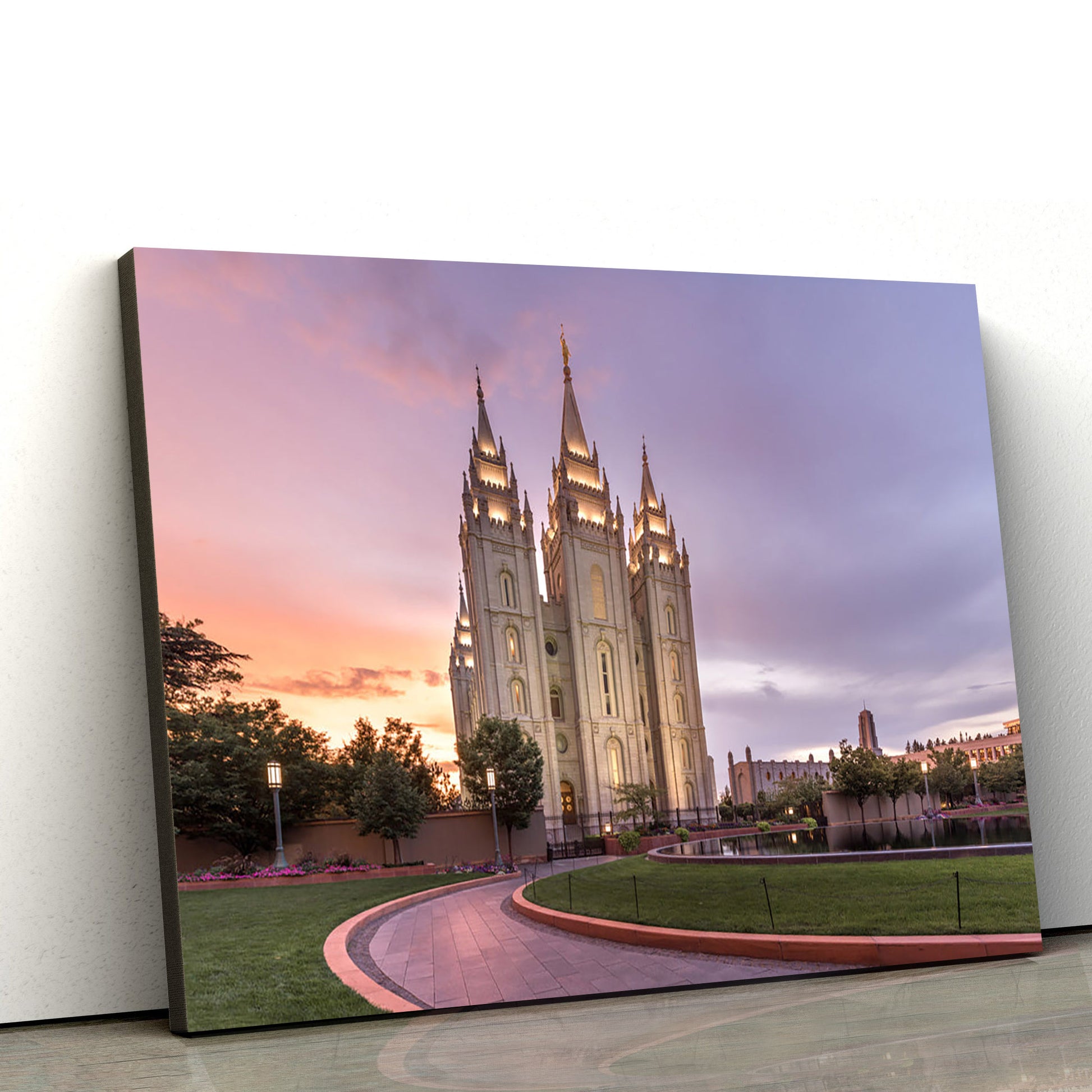 Salt Lake City Temple Sunset Lit Pathway Canvas Wall Art - Jesus Christ Picture - Canvas Christian Wall Art