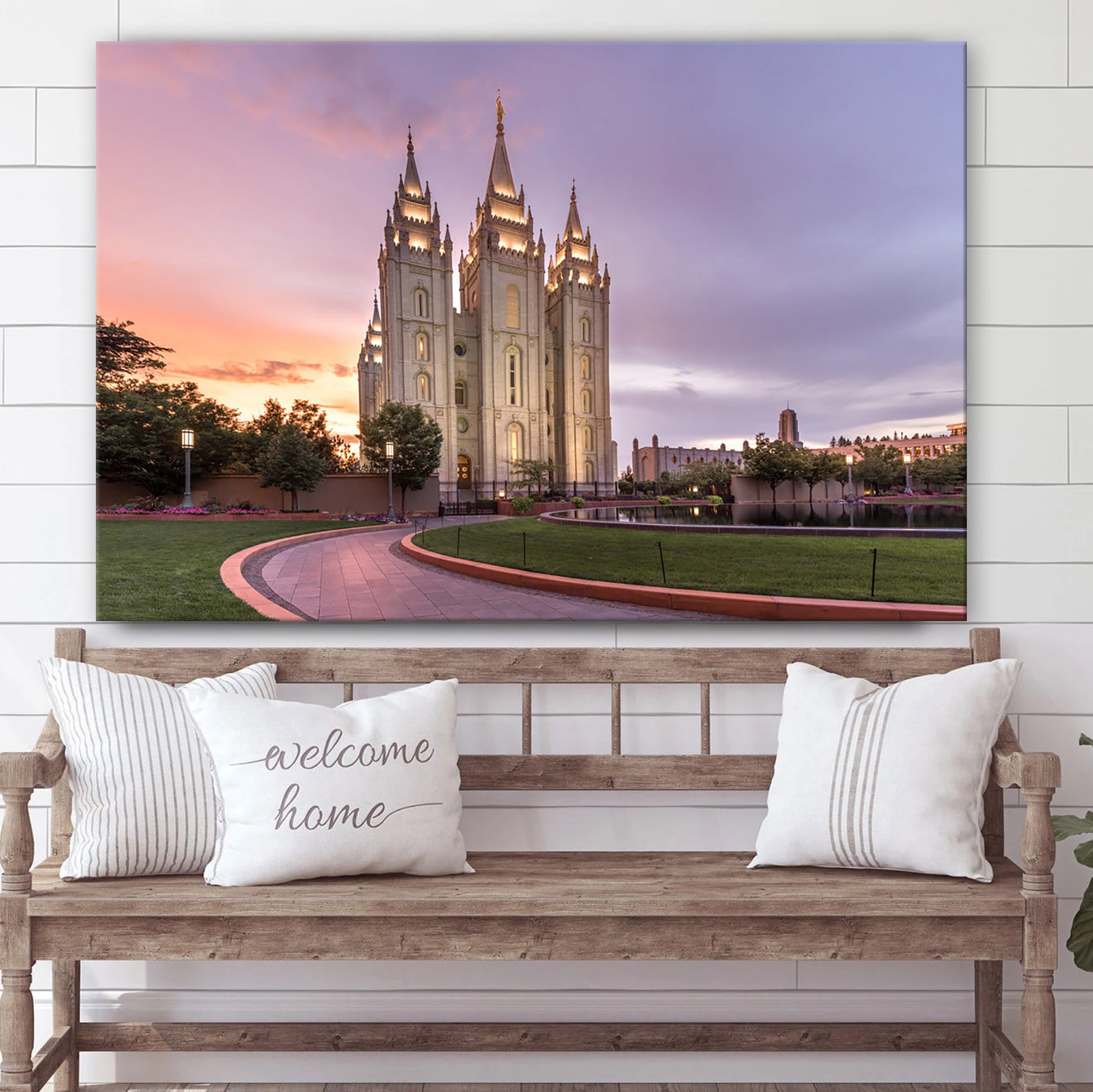 Salt Lake City Temple Sunset Lit Pathway Canvas Wall Art - Jesus Christ Picture - Canvas Christian Wall Art