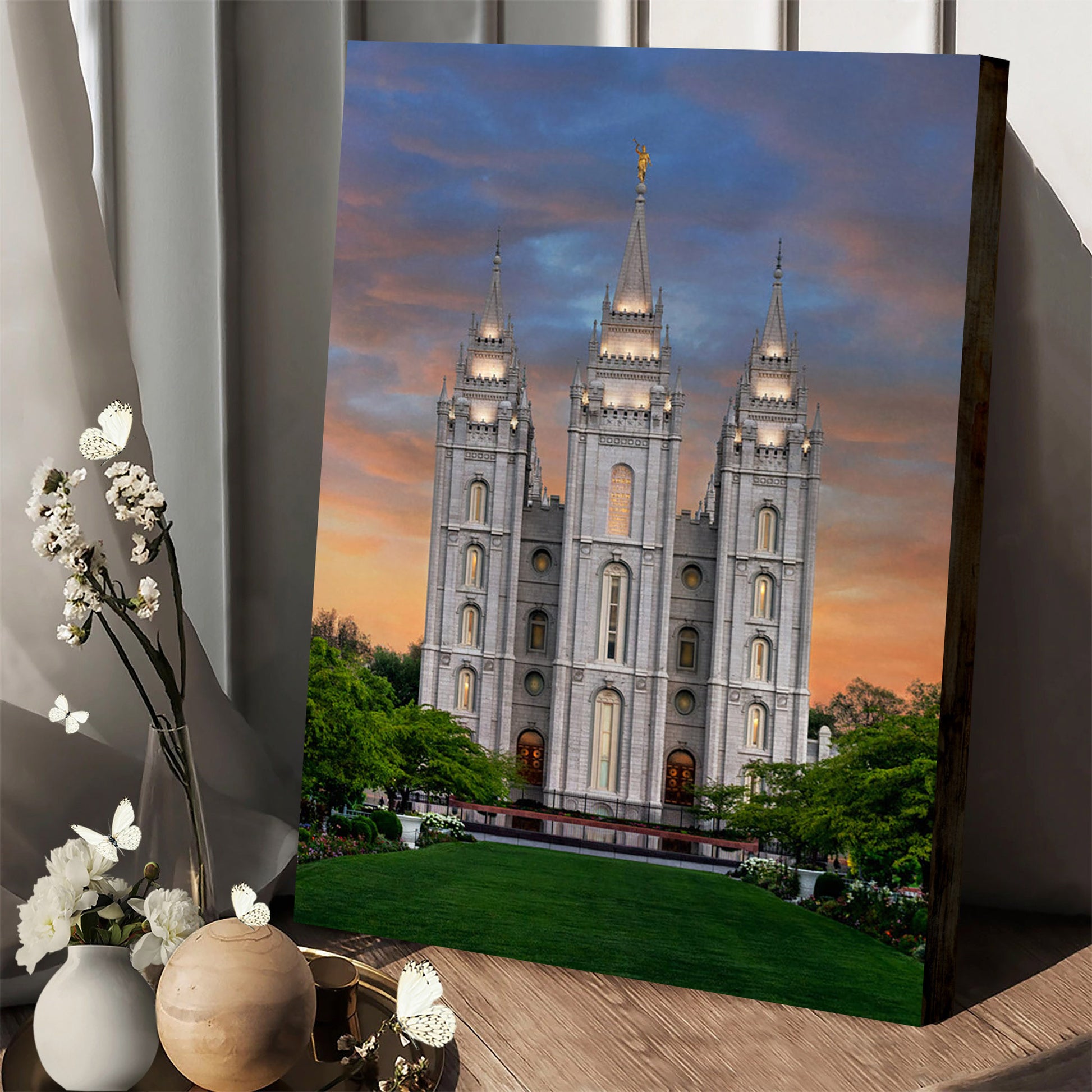Salt Lake Temple Orange Twilight Canvas Pictures - Jesus Canvas Art - Christian Wall Art