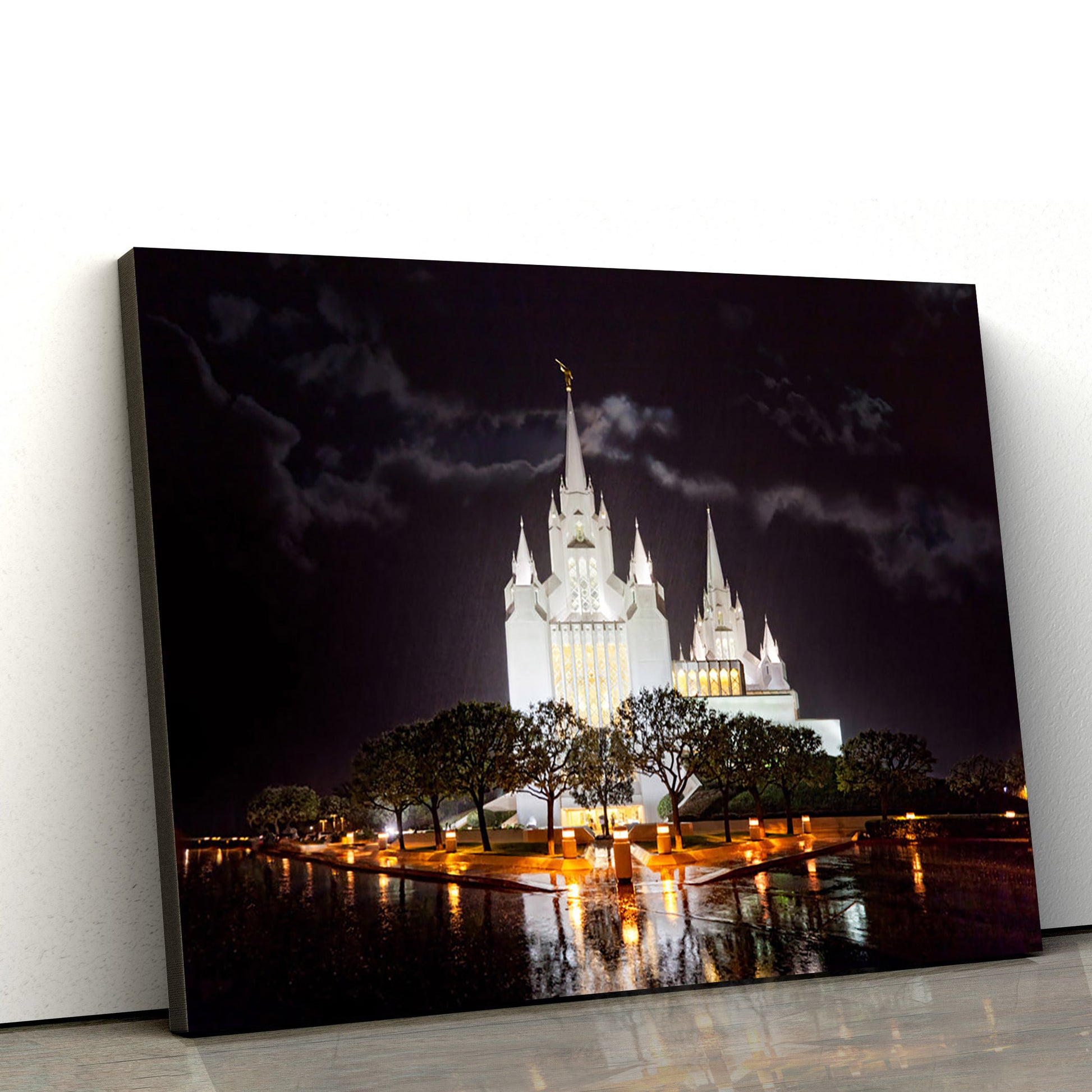 San Diego Temple Rain Reflections Canvas Wall Art - Jesus Christ Picture - Canvas Christian Wall Art