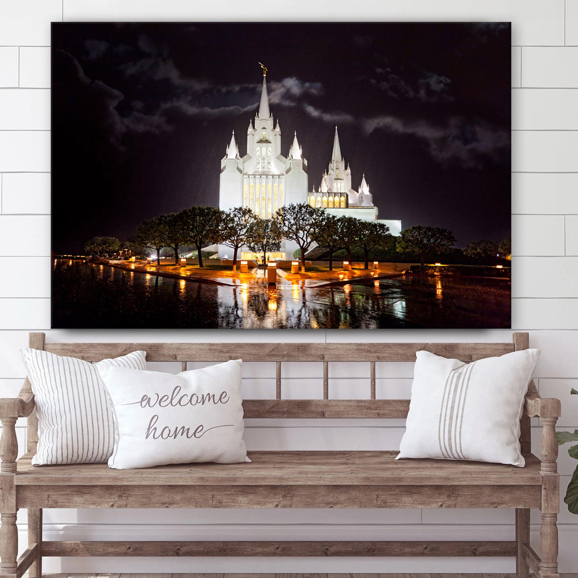 San Diego Temple Rain Reflections Canvas Wall Art - Jesus Christ Picture - Canvas Christian Wall Art