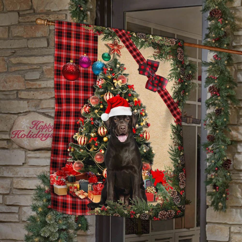 Santa Chocolate Labrador Flag Sitting In Front Of The Christmas - Christmas Garden Flag - Christmas House Flag - Christmas Outdoor Decoration