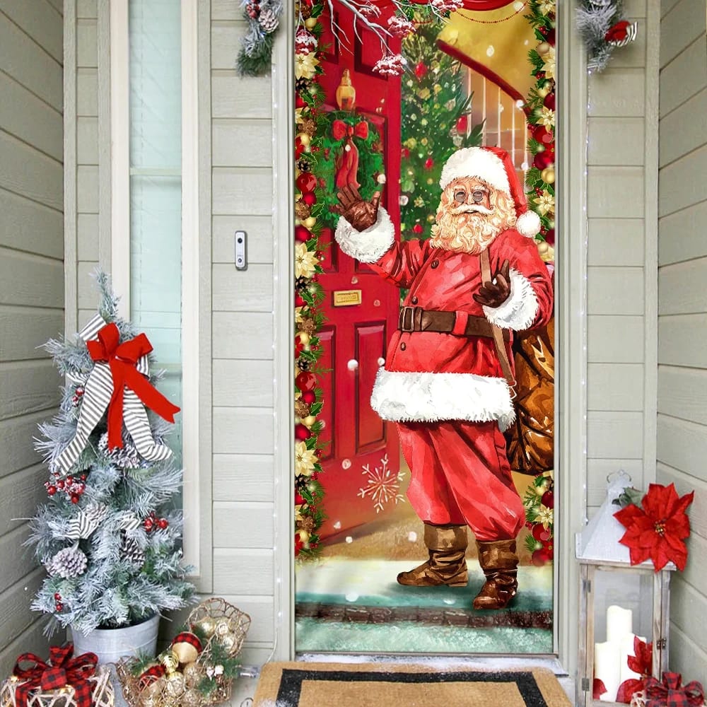 Santa Claus Christmas Is Coming Door Cover - Christmas Door Cover - Christmas Outdoor Decoration