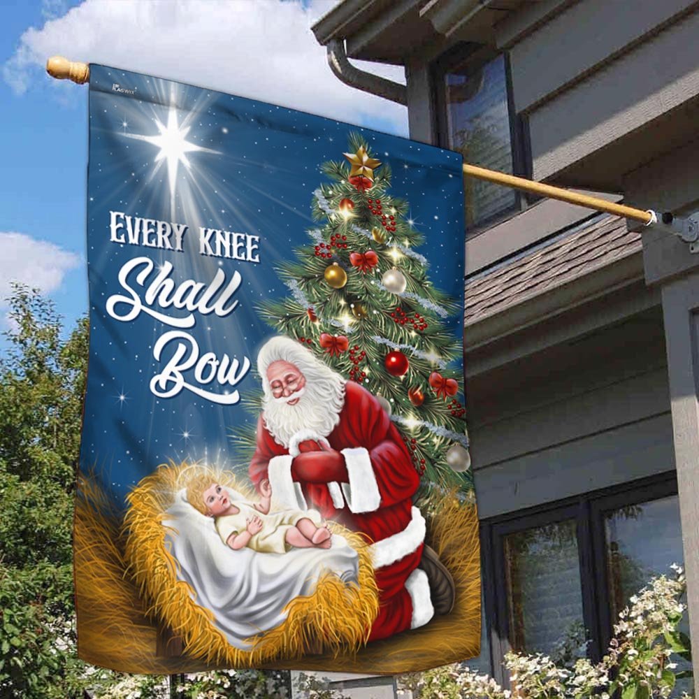 Santa Claus Every Knee Shall Bow Baby Jesus Christmas Flag - Religious Christmas House Flags
