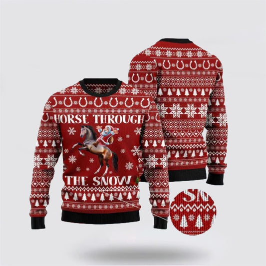 Santa Claus Horse Through The Snow Red Ugly Christmas Sweater For Men And Women, Best Gift For Christmas, The Beautiful Winter Christmas Outfit