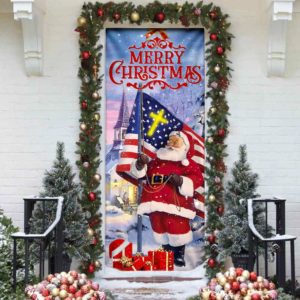 Santa Claus Merry Christmas Door Cover - Christmas Door Cover - Christmas Outdoor Decoration