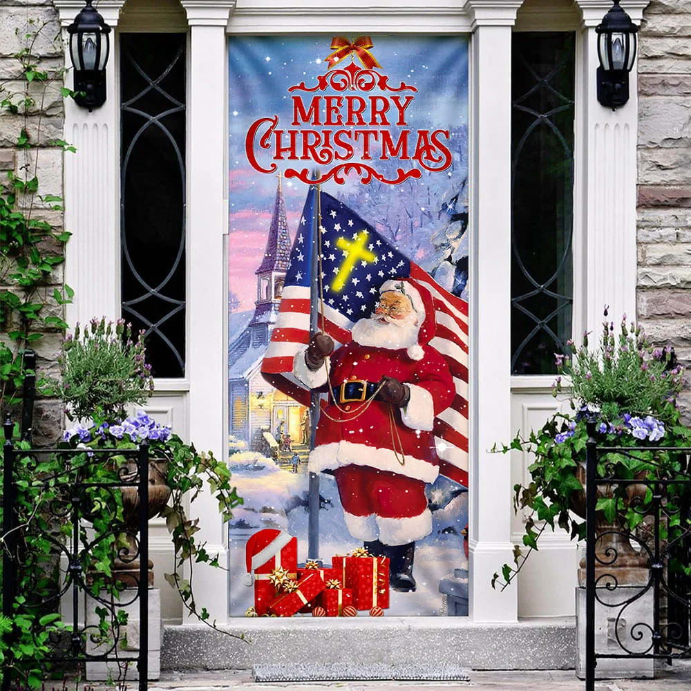Santa Claus Merry Christmas Door Cover - Christmas Door Cover - Christmas Outdoor Decoration