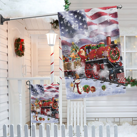 Santa Claus On the Christmas Train American Flag - Religious Christmas House Flags