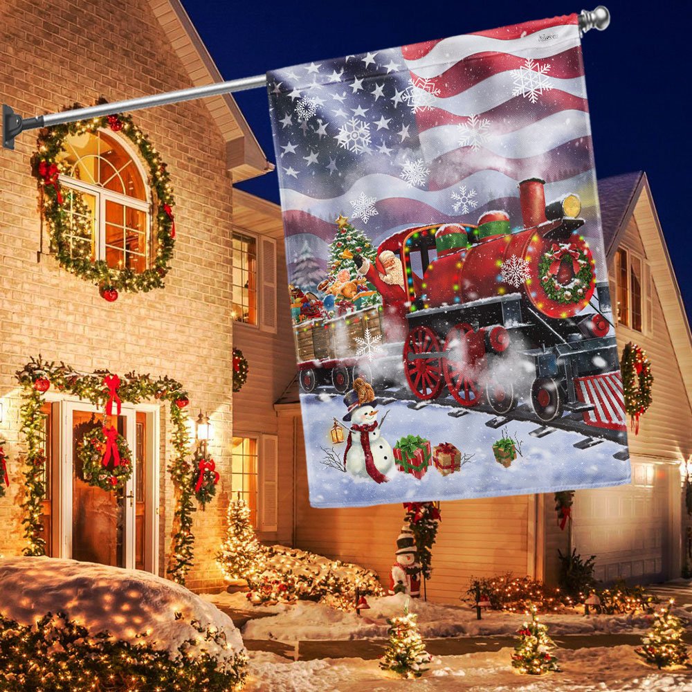 Santa Claus On the Christmas Train American Flag - Religious Christmas House Flags