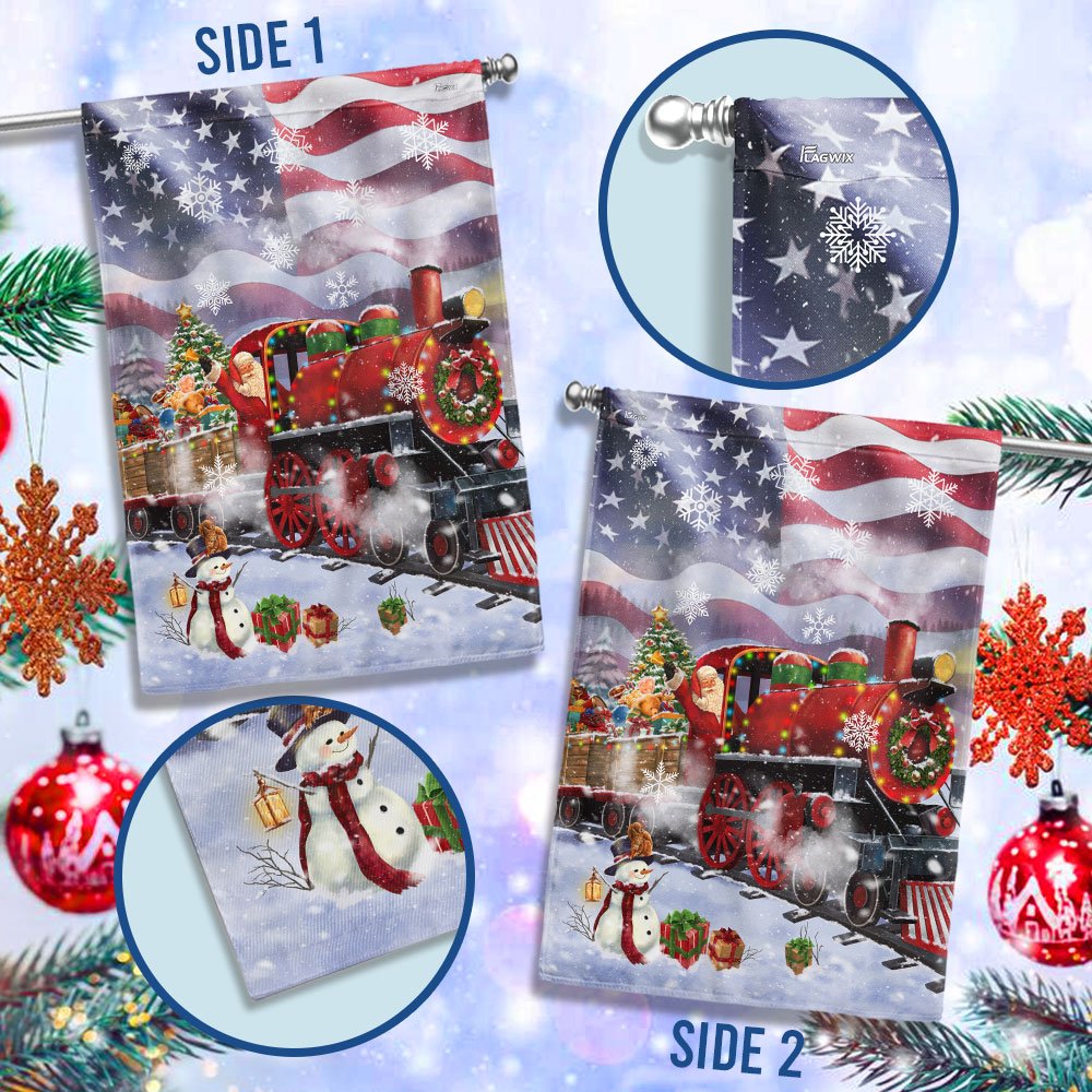 Santa Claus On the Christmas Train American Flag - Religious Christmas House Flags