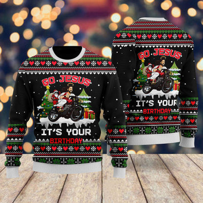 Santa Jesus Ride Motobike Ugly Christmas Sweater For Men & Women - Jesus Christ Sweater - God Gifts Idea
