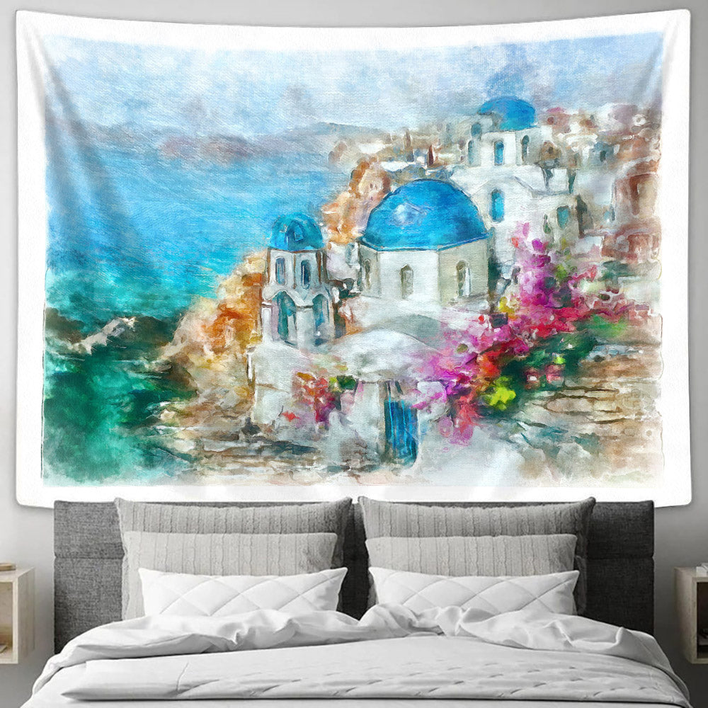 Santorini Greece Island Painting Tapestry - Tapestry Wall Decor - Home Decor Living Room