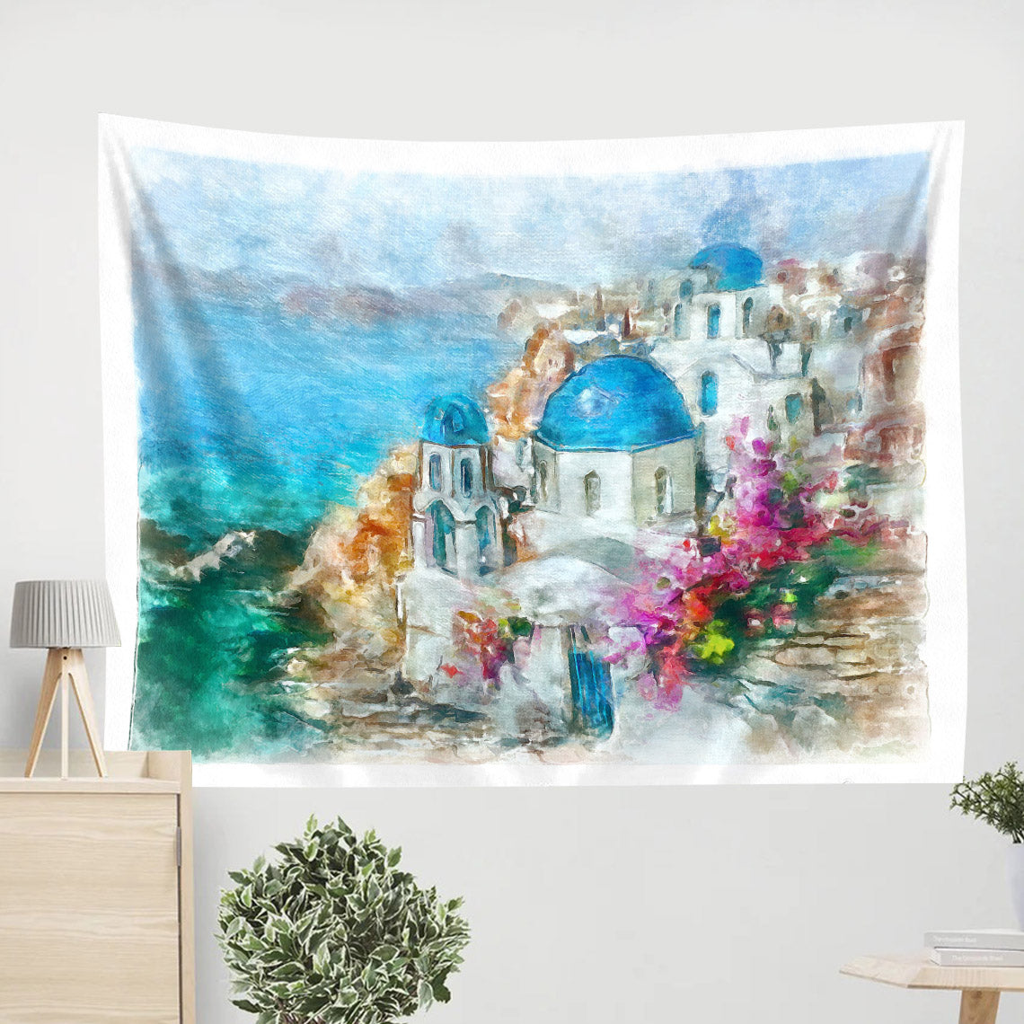 Santorini Greece Island Painting Tapestry - Tapestry Wall Decor - Home Decor Living Room