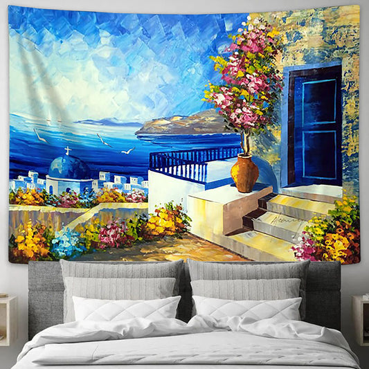 Santorini Oil Greece Island Painting Tapestry - Tapestry Wall Decor - Home Decor Living Room