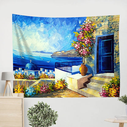 Santorini Oil Greece Island Painting Tapestry - Tapestry Wall Decor - Home Decor Living Room