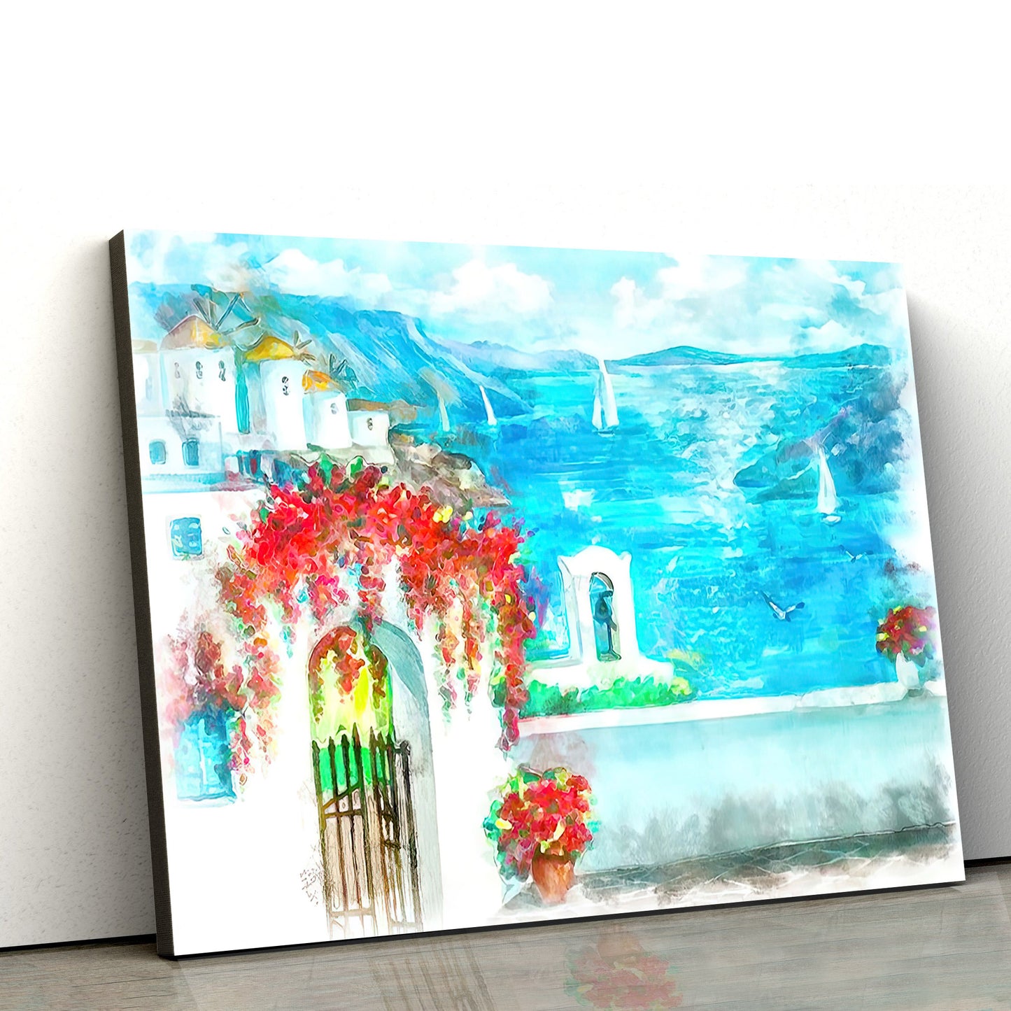 Santorini Seascape Painting Canvas Wall Art - Canvas Wall Decor - Home Decor Living Room
