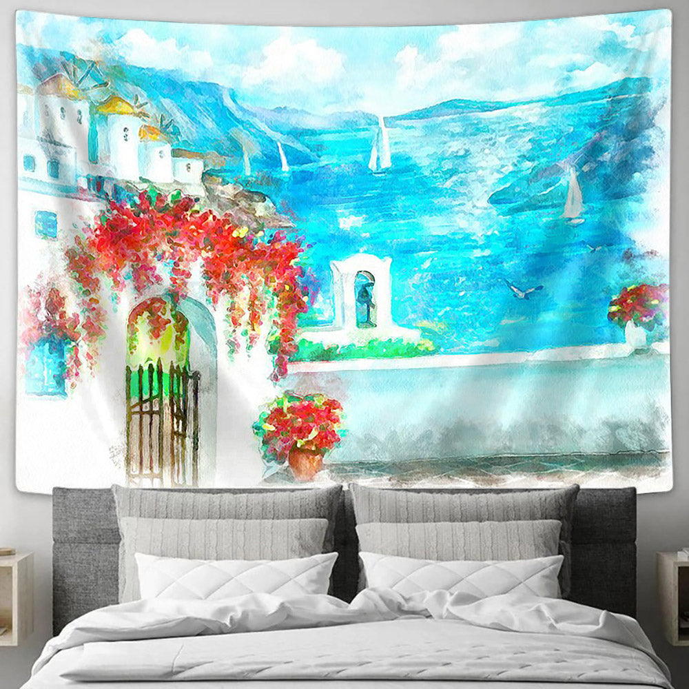 Santorini Seascape Painting Tapestry - Tapestry Wall Decor - Home Decor Living Room