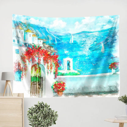 Santorini Seascape Painting Tapestry - Tapestry Wall Decor - Home Decor Living Room
