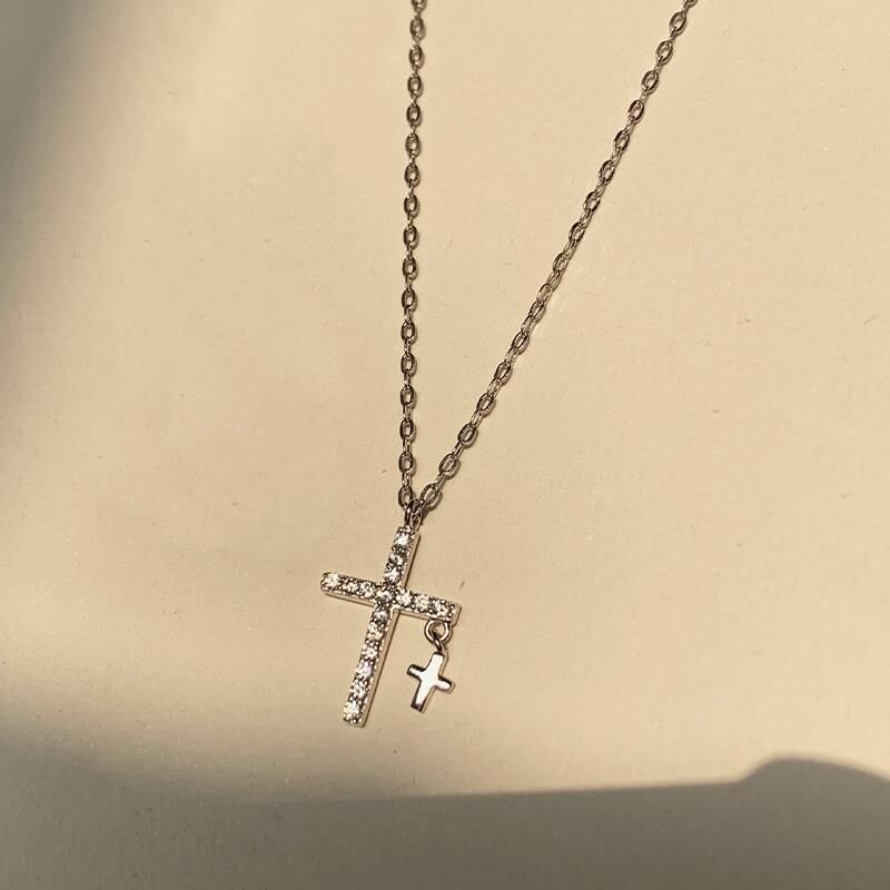 Shiny Silver Plated Cubic Zirconia Cross Necklaces for Christian Women