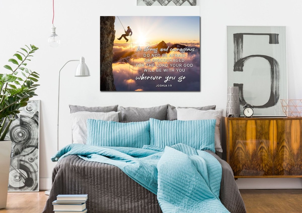 Scaling Mountains Joshua 19 Be Strong And Courageous Wall Art - Christian Canvas Wall Art