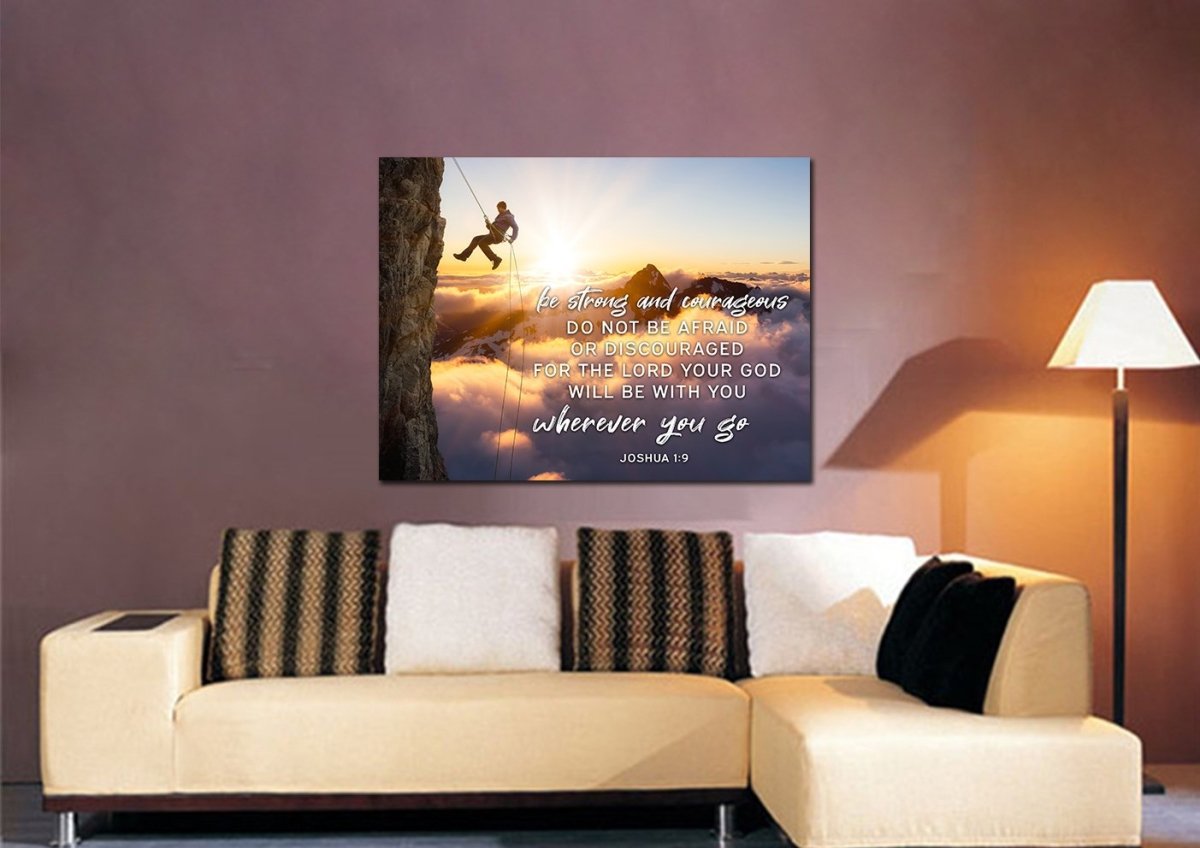 Scaling Mountains Joshua 19 Be Strong And Courageous Wall Art - Christian Canvas Wall Art