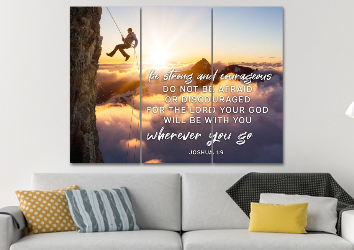 Scaling Mountains Joshua 19 Be Strong And Courageous Wall Art - Christian Canvas Wall Art