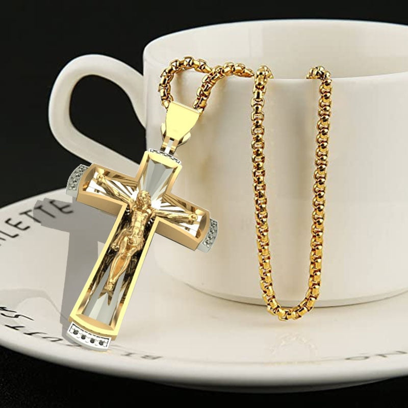 Stylish Golden Jesus Cross Necklace - Perfect Religious Gift for Family and Friends