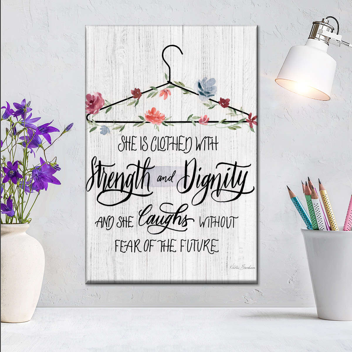Scripture Hanger She Is Clothed With Strength And Dignity Wall Art Canvas - Canvas Religious Wall Art - Christian Wall Decor Living Room