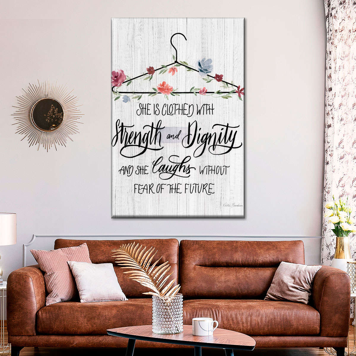 Scripture Hanger She Is Clothed With Strength And Dignity Wall Art Canvas - Canvas Religious Wall Art - Christian Wall Decor Living Room