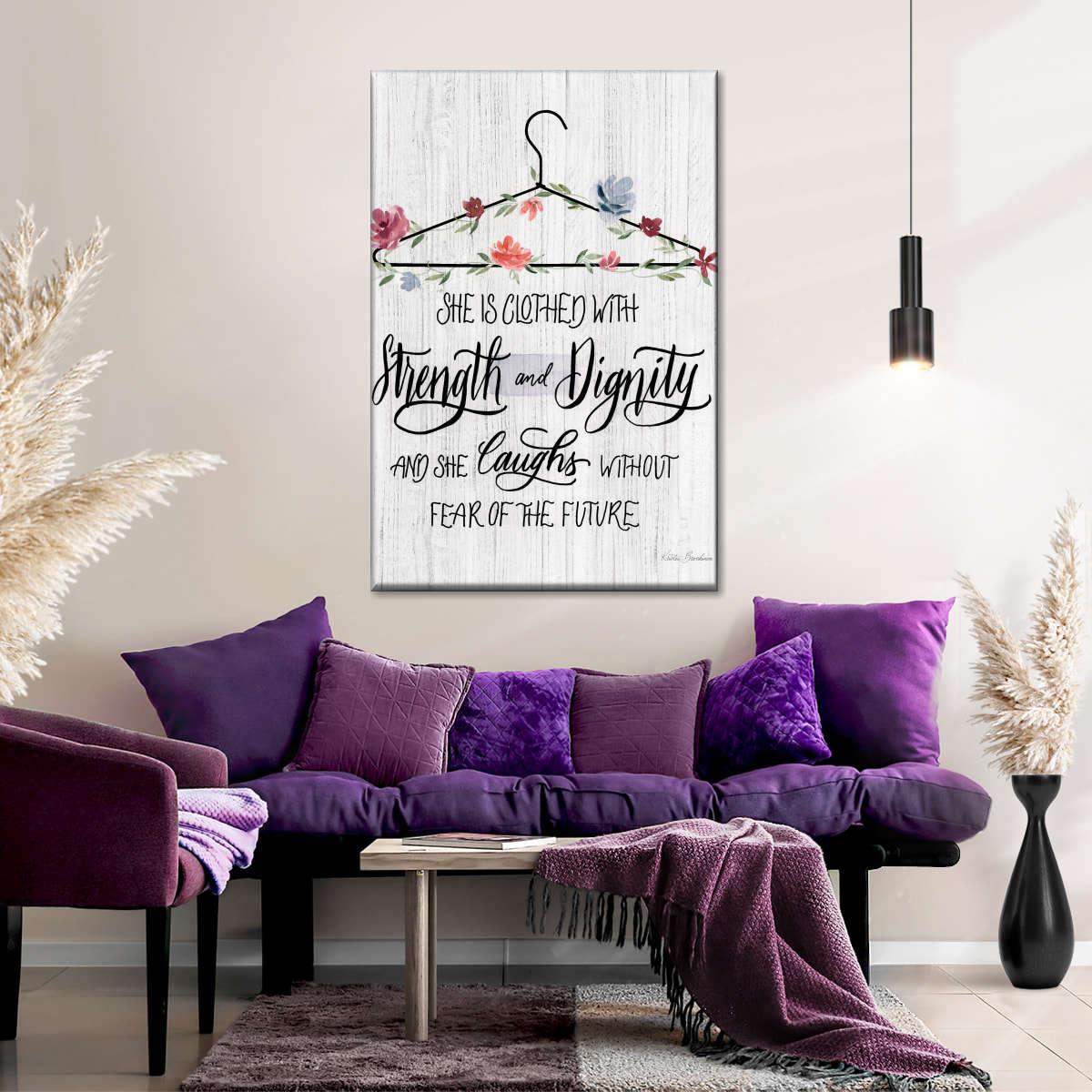 Scripture Hanger She Is Clothed With Strength And Dignity Wall Art Canvas - Canvas Religious Wall Art - Christian Wall Decor Living Room